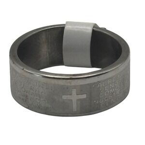 Lord's Prayer Ring Unisex Size 7.5 Silver Stainless Steel Cross Band Spainsh
